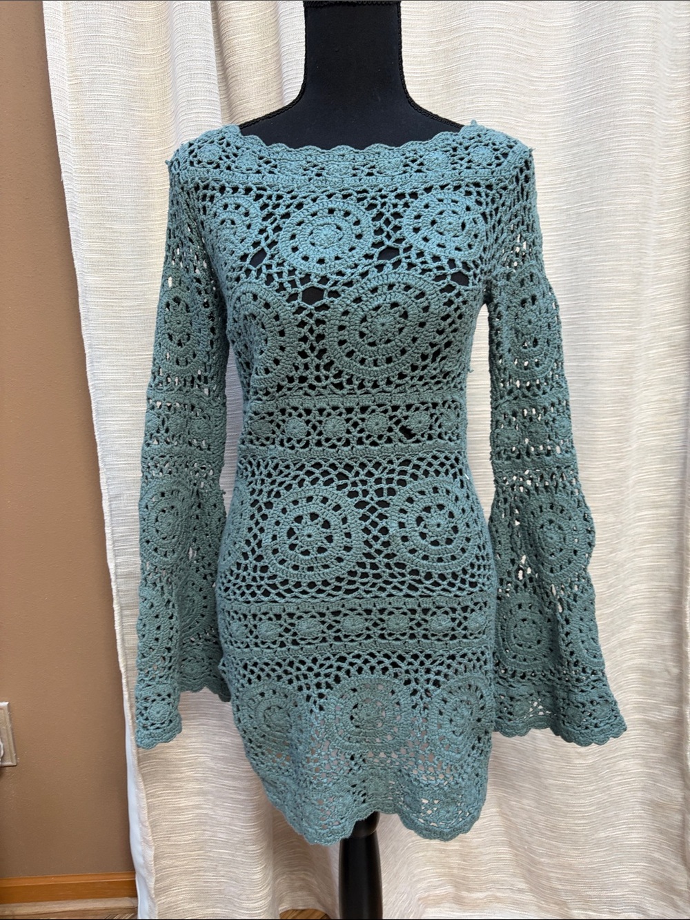 Revolve Majorelle Boho Crochet Long-Sleeve Dress in Teal Green